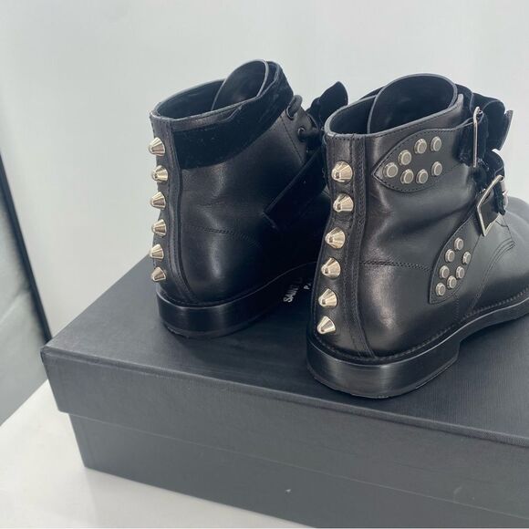 SAINT LAURENT Spike Studded Black Leather Combat Ankle Boots - Picture 8 of 12